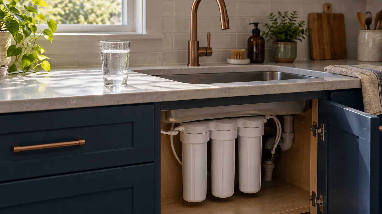 Glass of tap water on a kitchen counter with an under-sink water filter visible in the open cabinet